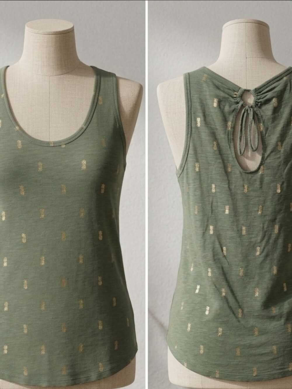 Old Navy Olive Green Tank Top Medium Gold Pineapple Print Tie Back Casual Cotton